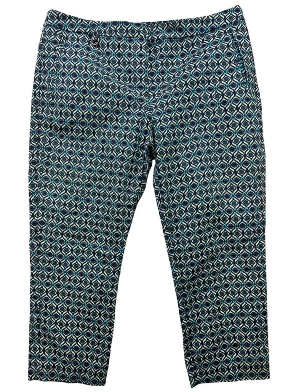 Adrianna Papell Womens Cotton Cropped Pants Stretch Size 12 Blue White Geometric